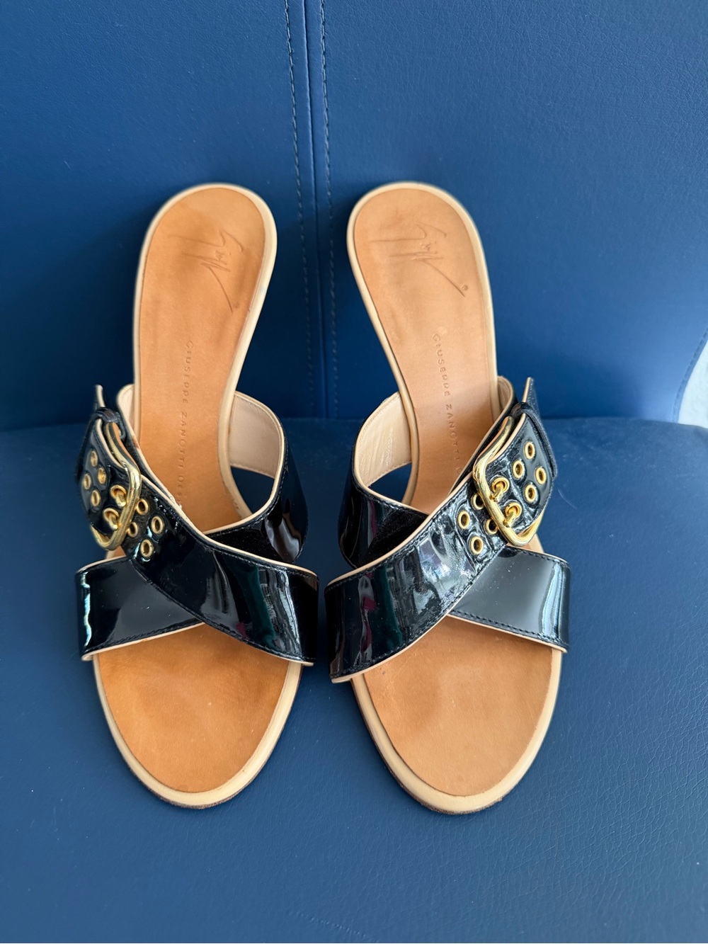 Giuseppe Zanotti Black Patent Cross-Strap Mules with Gold Buckle